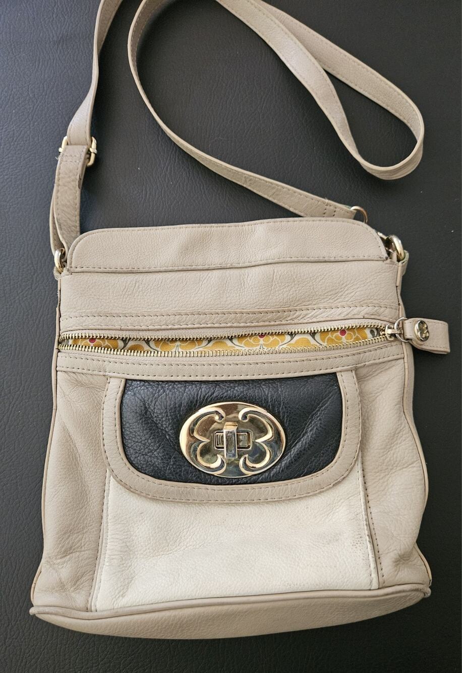 Emma Fox LEATHER Cross Body SHOULDER BAG Purse TRI COLOR Beige Black Tan